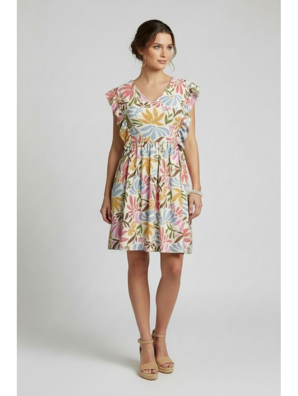 2Hearts Retro Pastel Floral Flutter Sleeve Babydoll Mini Dress - Medium EUC